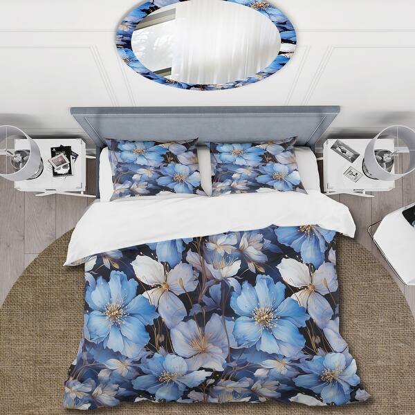 Designart "Mystic Blue Blossoms Flowers I" Cottage Bedding Cover Set With 2 Shams Bed Bath